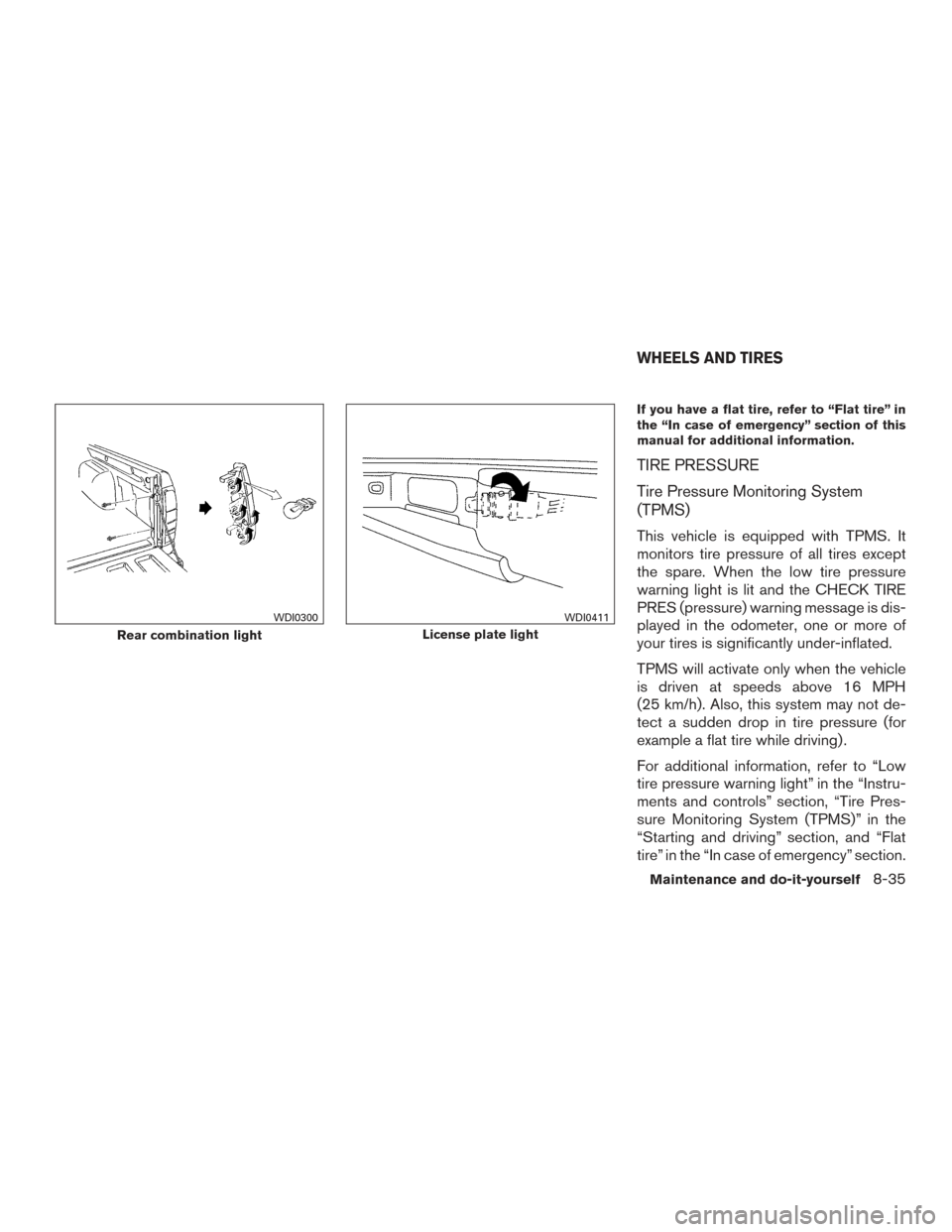 NISSAN FRONTIER 2015 D23 / 3.G Owners Manual If you have a flat tire, refer to “Flat tire” in
the “In case of emergency” section of this
manual for additional information.
TIRE PRESSURE
Tire Pressure Monitoring System
(TPMS)
This vehicle NISSAN FRONTIER 2015 D23 / 3.G Owners Manual If you have a flat tire, refer to “Flat tire” in
the “In case of emergency” section of this
manual for additional information.
TIRE PRESSURE
Tire Pressure Monitoring System
(TPMS)
This vehicle