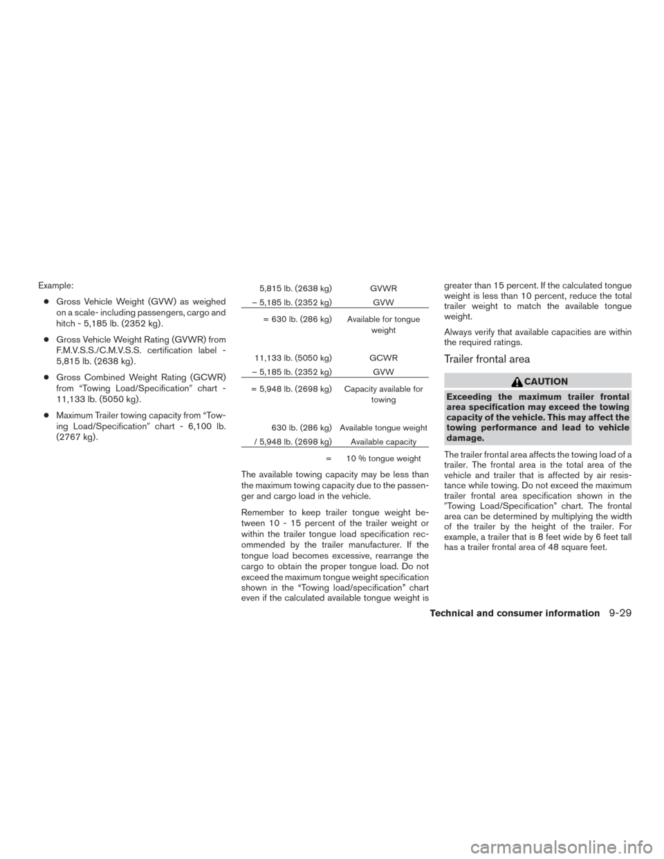 NISSAN FRONTIER 2015 D23 / 3.G Owners Manual Example:● Gross Vehicle Weight (GVW) as weighed
on a scale- including passengers, cargo and
hitch - 5,185 lb. (2352 kg) .
● Gross Vehicle Weight Rating (GVWR) from
F.M.V.S.S./C.M.V.S.S. certificat NISSAN FRONTIER 2015 D23 / 3.G Owners Manual Example:● Gross Vehicle Weight (GVW) as weighed
on a scale- including passengers, cargo and
hitch - 5,185 lb. (2352 kg) .
● Gross Vehicle Weight Rating (GVWR) from
F.M.V.S.S./C.M.V.S.S. certificat