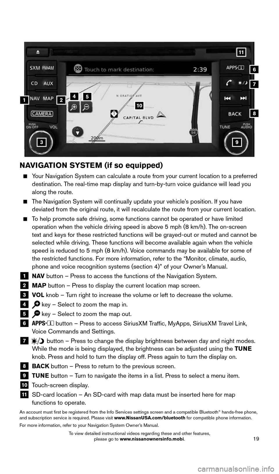NISSAN FRONTIER 2015 D23 / 3.G Quick Reference Guide 19
NAVIGATION SYSTEM (if so equipped)
Your Navigation System can calculate a route from your current location t\
o a preferred
destination. The real-time map display and turn-by-turn voice guidan NISSAN FRONTIER 2015 D23 / 3.G Quick Reference Guide 19
NAVIGATION SYSTEM (if so equipped)
Your Navigation System can calculate a route from your current location t\
o a preferred
destination. The real-time map display and turn-by-turn voice guidan