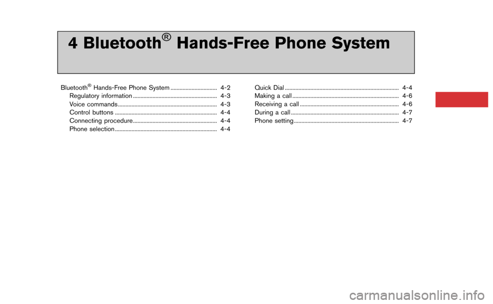 NISSAN GT-R 2015 R35 Multi Function Display Owners Manual 4 Bluetooth®Hands-Free Phone System
Bluetooth®Hands-Free Phone System ............................... 4-2
Regulatory information ........................................................ 4-3
Voice co