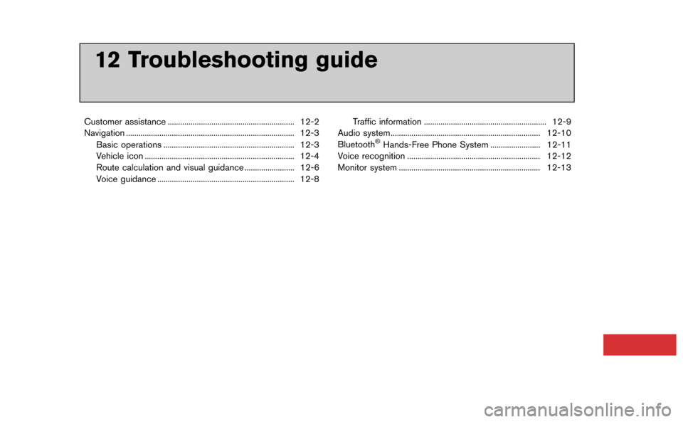 NISSAN GT-R 2015 R35 Multi Function Display Owners Manual 12 Troubleshooting guide
Customer assistance ............................................................. 12-2
Navigation ........................................................................\
...