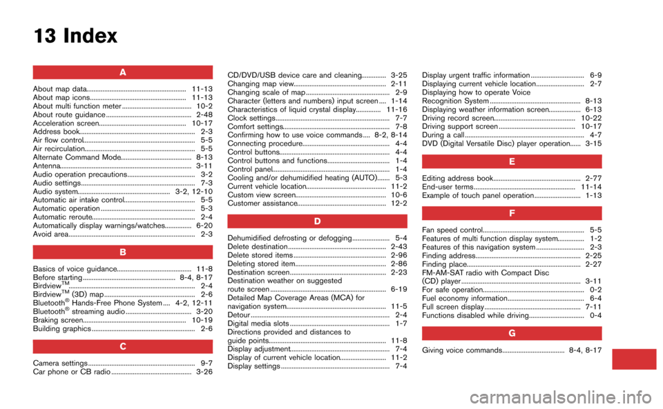 NISSAN GT-R 2015 R35 Multi Function Display Owners Manual 13 Index
A
About map data........................................................ 11-13
About map icons...................................................... 11-13
About multi function meter .........