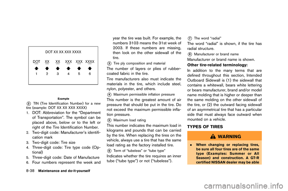 NISSAN GT-R 2015 R35 Owners Manual 8-38Maintenance and do-it-yourself
Example
*2TIN (Tire Identification Num�fer) for a new
tire (exam�ble: DOT XX XX XXX XXXX)
1.
DOT: A�f�freviation for the “De�bartment
of Trans�bortatio