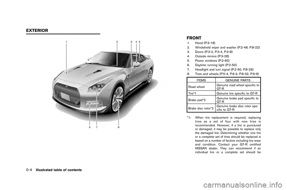 NISSAN GT-R 2015 R35 Owners Manual 0-4Illustrated table of contents
FRONT
1. Hood (P.3-18)
2. Windshi�fld wip�f�b and wash�f�b (P.2-48, P.8-22)
3. Doo�bs (P.3-2, P.3-4, P.3-8)
4. Outsid�f mi�b�bo�bs (P.3-28)
5. Pow