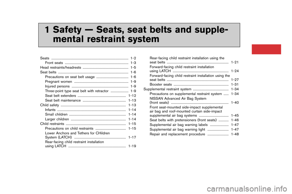 NISSAN GT-R 2015 R35 Owners Manual 1 Safety — Seats, seat belts and supple-mental restraint system
Seats ..................�h..................�h..................�h..................�h..................�h. 1-2
Front seats 