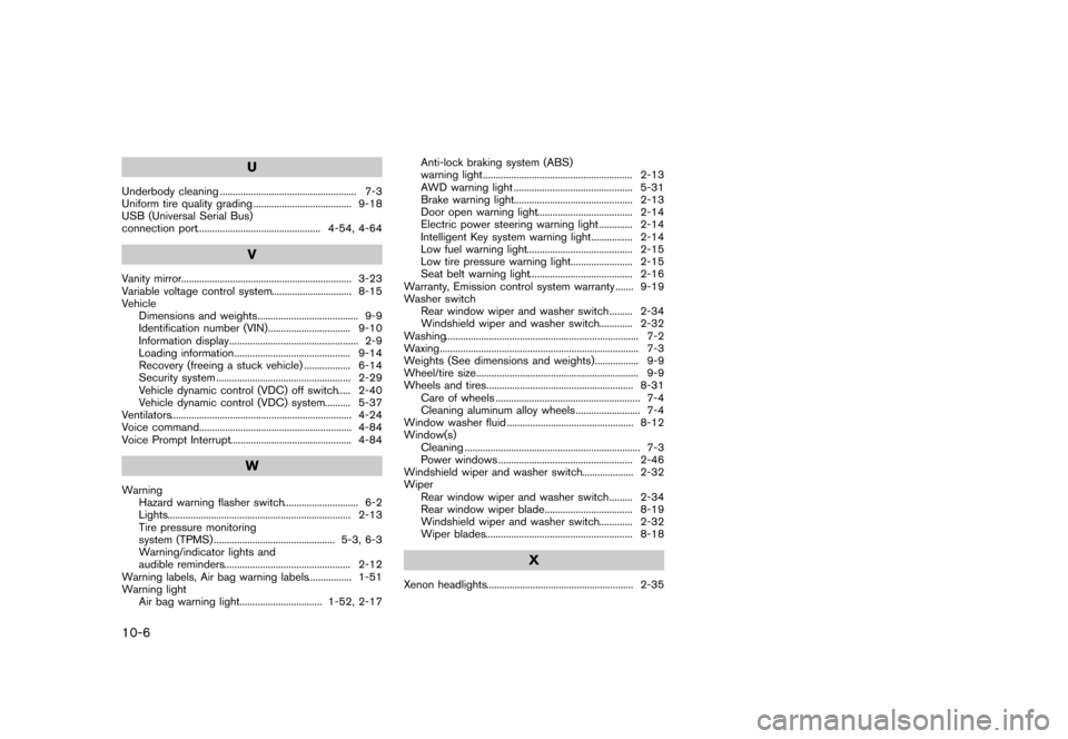 NISSAN JUKE 2015 F15 / 1.G Owners Manual  
������� 
�> �(�G�L�W� ����� ���� �0�R�G�H�O� �)�����@ 
10-6 
U 
Underbody cleaning...
..................................................... 7-3
Uniform tirequality grading ...
