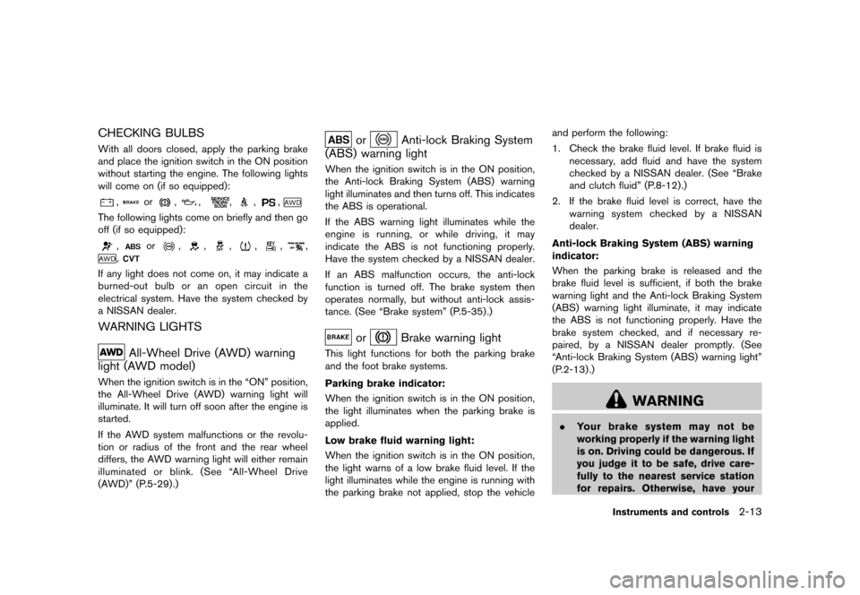 NISSAN JUKE 2015 F15 / 1.G Owners Manual  
������ 
�> �(�G�L�W� ����� ���� �0�R�G�H�O� �)�����@ 
CHECKING BULBS 
GUID-C22 DF306-092D -4583-8CB3-A6AC7219AD 77 
With alldoors closed, applytheparking brake
and place theigni