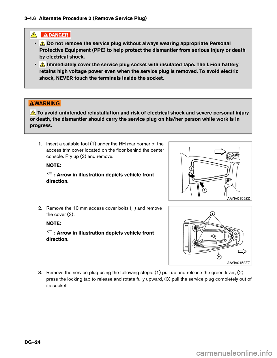 NISSAN LEAF 2015 1.G Dismantling Guide 3-4.6 Alternate Procedure 2 (Remove Service Plug)
• Do not remove the service plug without always wearing appropriate Personal
Protective Equipment (PPE) to help protect the dismantler from serious NISSAN LEAF 2015 1.G Dismantling Guide 3-4.6 Alternate Procedure 2 (Remove Service Plug)
• Do not remove the service plug without always wearing appropriate Personal
Protective Equipment (PPE) to help protect the dismantler from serious