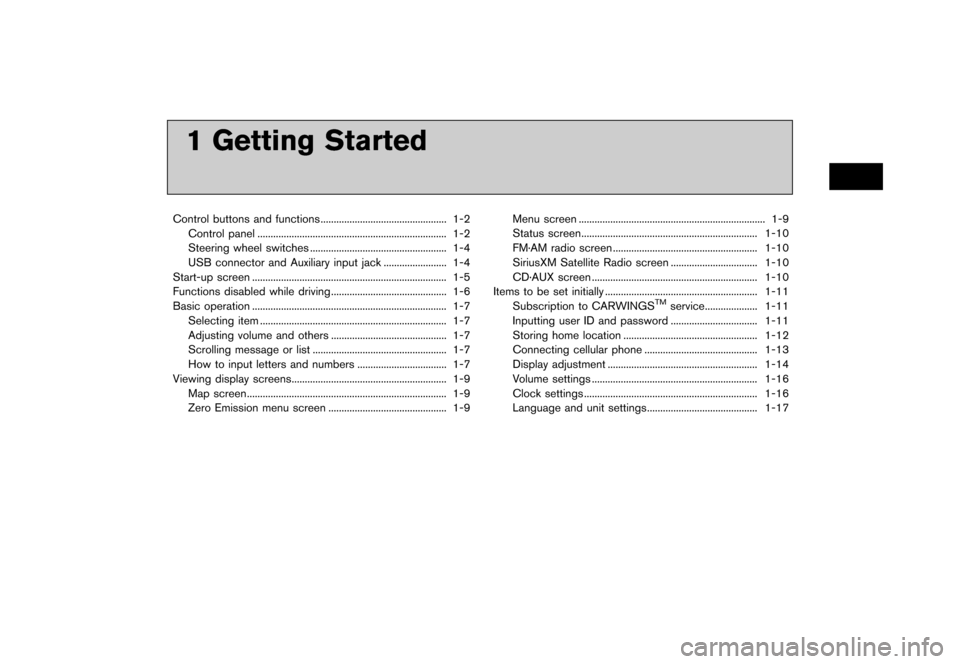 NISSAN LEAF 2015 1.G Navigation Manual ������
�> �(�G�L�W� ����� �� �� �0�R�G�H�O� �1�D�Y�L��(�9 �@
1 Getting Started
Control buttons and functions...
................................................ 1-2
Control panel ...