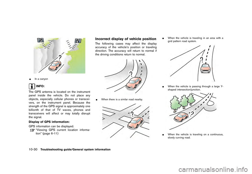 NISSAN LEAF 2015 1.G Navigation Manual �������
�> �(�G�L�W� ����� �� �� �0�R�G�H�O� �1�D�Y�L��(�9 �@
10-30Troubleshooting guide/General system information
INI0253
*In a canyon
INFO:
The GPS antenna is located on the inst