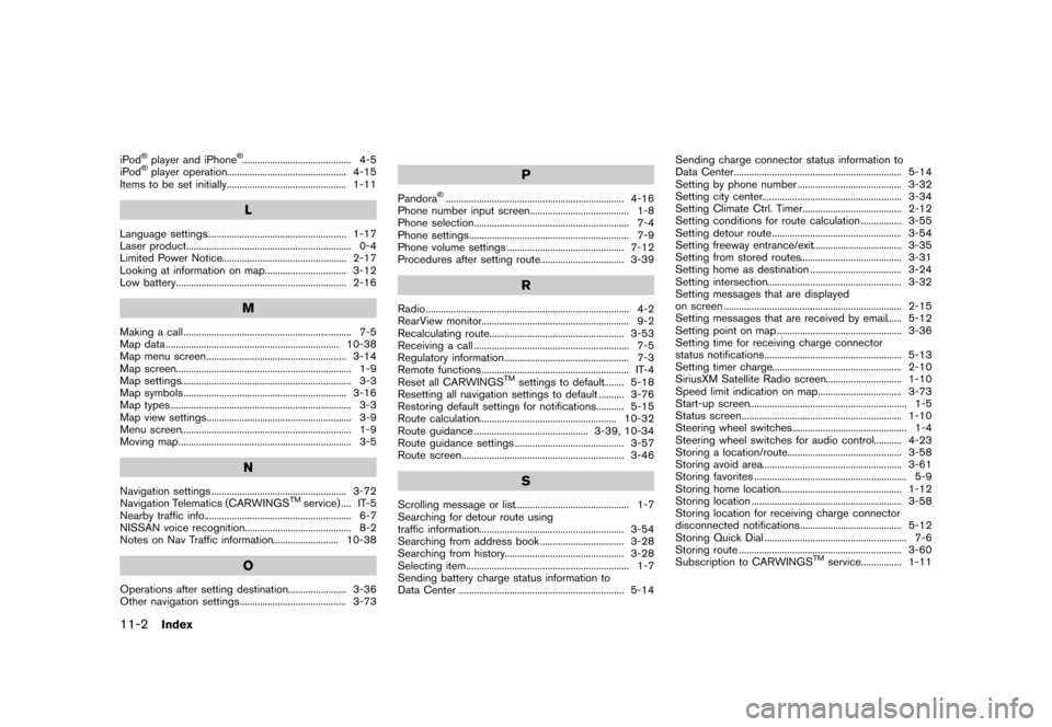 NISSAN LEAF 2015 1.G Navigation Manual �������
�> �(�G�L�W� ����� �� �� �0�R�G�H�O� �1�D�Y�L��(�9 �@
11-2Index
iPod�