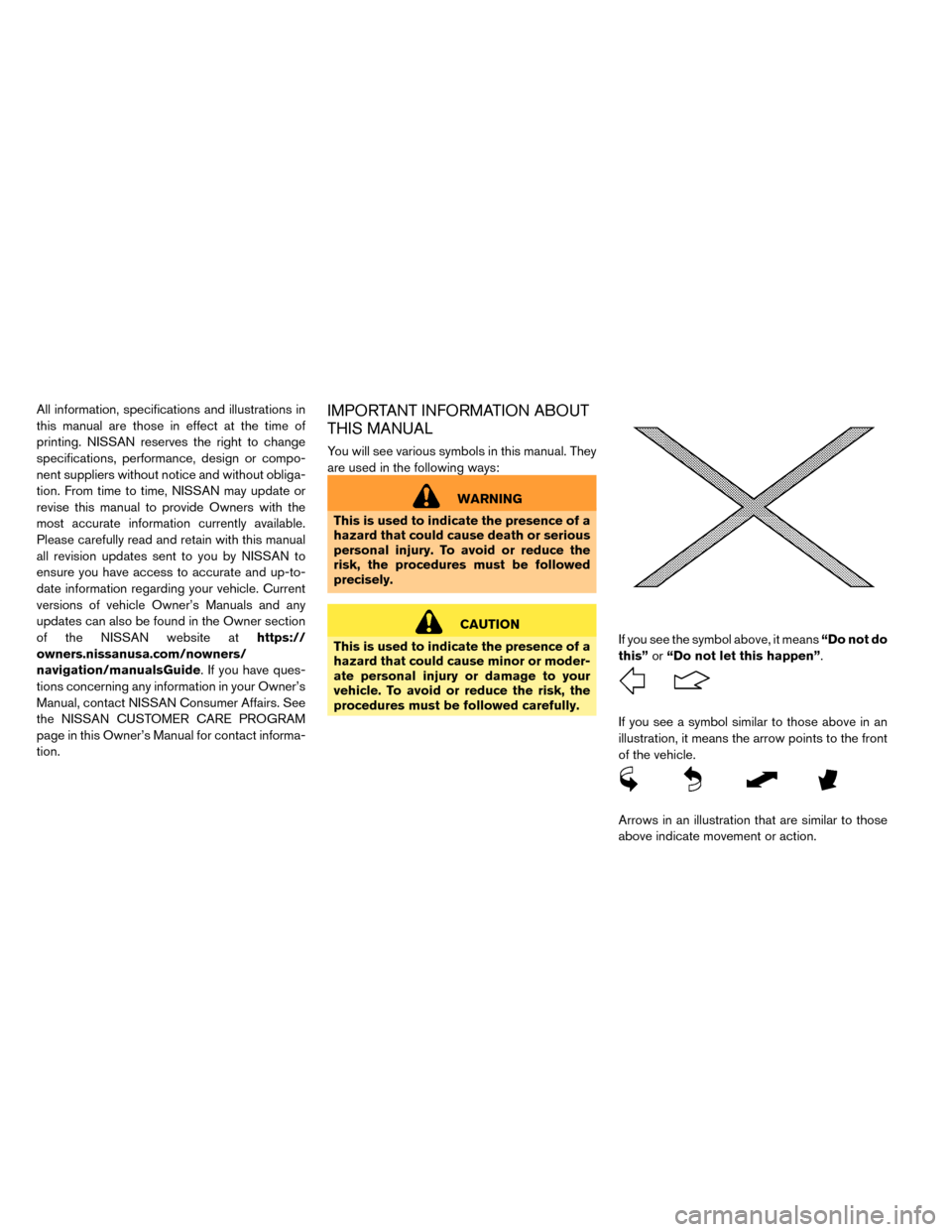 NISSAN LEAF 2015 1.G Owners Manual All information, specifications and illustrations in
this manual are those in effect at the time of
printing. NISSAN reserves the right to change
specifications, performance, design or compo-
nent sup