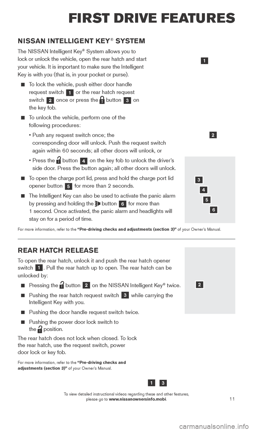 NISSAN LEAF 2015 1.G Quick Reference Guide 11
REAR HATCH RELEASE
To open the rear hatch, unlock it and push the rear hatch opener
switch 1. Pull the rear hatch up to open. The rear hatch can be
unlocked by:
Pressing the button
2 on t NISSAN LEAF 2015 1.G Quick Reference Guide 11
REAR HATCH RELEASE
To open the rear hatch, unlock it and push the rear hatch opener
switch 1. Pull the rear hatch up to open. The rear hatch can be
unlocked by:
Pressing the button
2 on t