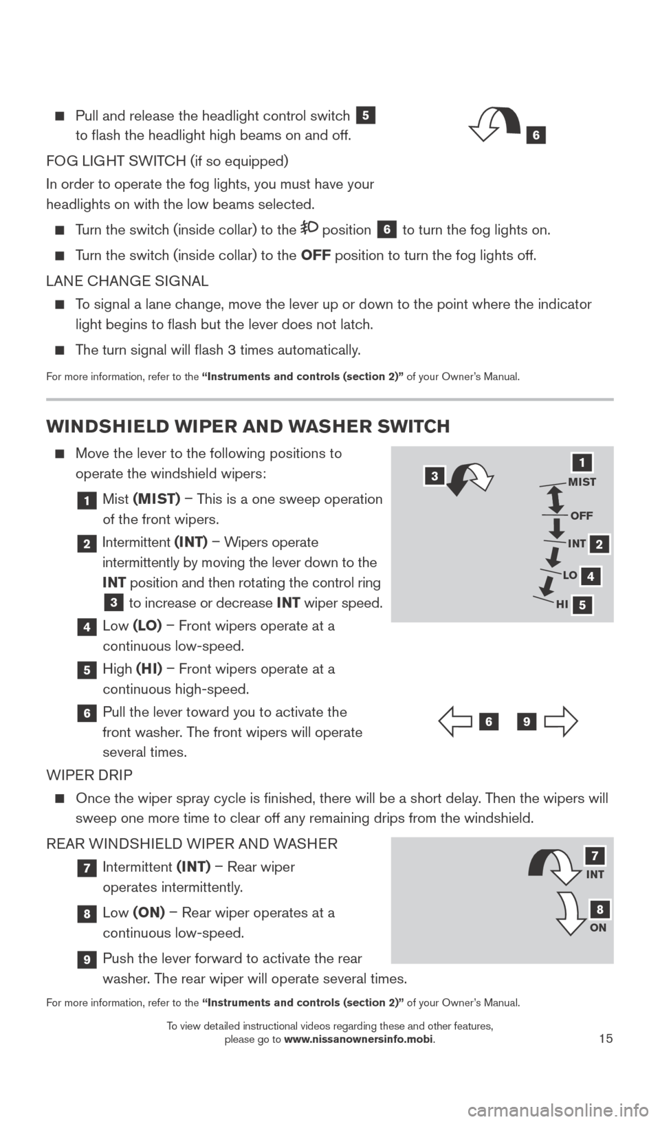 NISSAN LEAF 2015 1.G Quick Reference Guide 15
Pull and release the headlight control switch
5
to flash the headlight high beams on and off.
FOG LIGHT SWITCH (if so equipped)
In order to operate the fog lights, you must have your
headlig NISSAN LEAF 2015 1.G Quick Reference Guide 15
Pull and release the headlight control switch
5
to flash the headlight high beams on and off.
FOG LIGHT SWITCH (if so equipped)
In order to operate the fog lights, you must have your
headlig