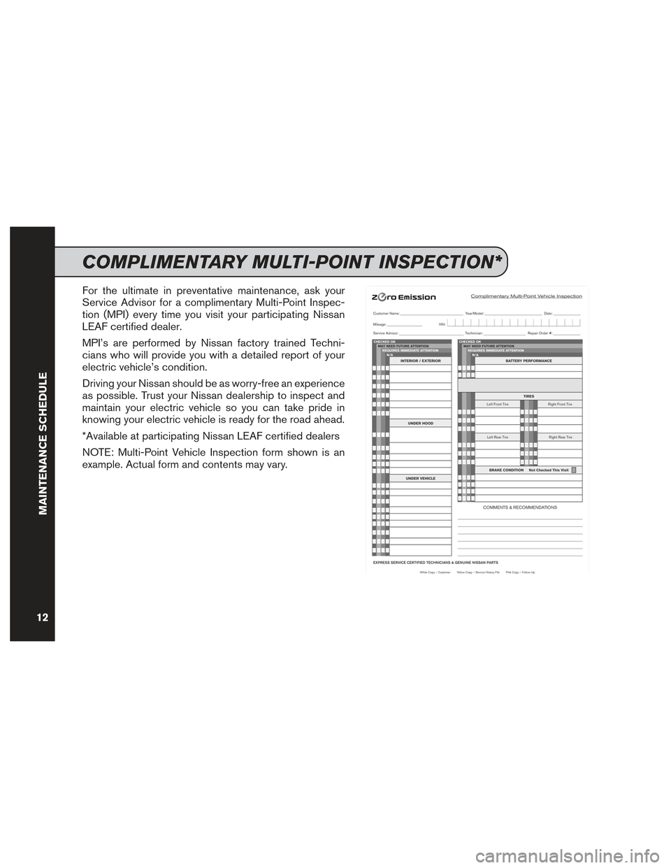NISSAN LEAF 2015 1.G Service And Maintenance Guide For the ultimate in preventative maintenance, ask your
Service Advisor for a complimentary Multi-Point Inspec-
tion (MPI) every time you visit your participating Nissan
LEAF certified dealer.
MPI’s 