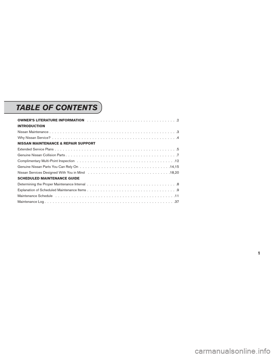 NISSAN LEAF 2015 1.G Service And Maintenance Guide OWNER’S LITERATURE INFORMATION..................................2
INTRODUCTION
Nissan Maintenance ................................................3
Why Nissan Service? ..............................