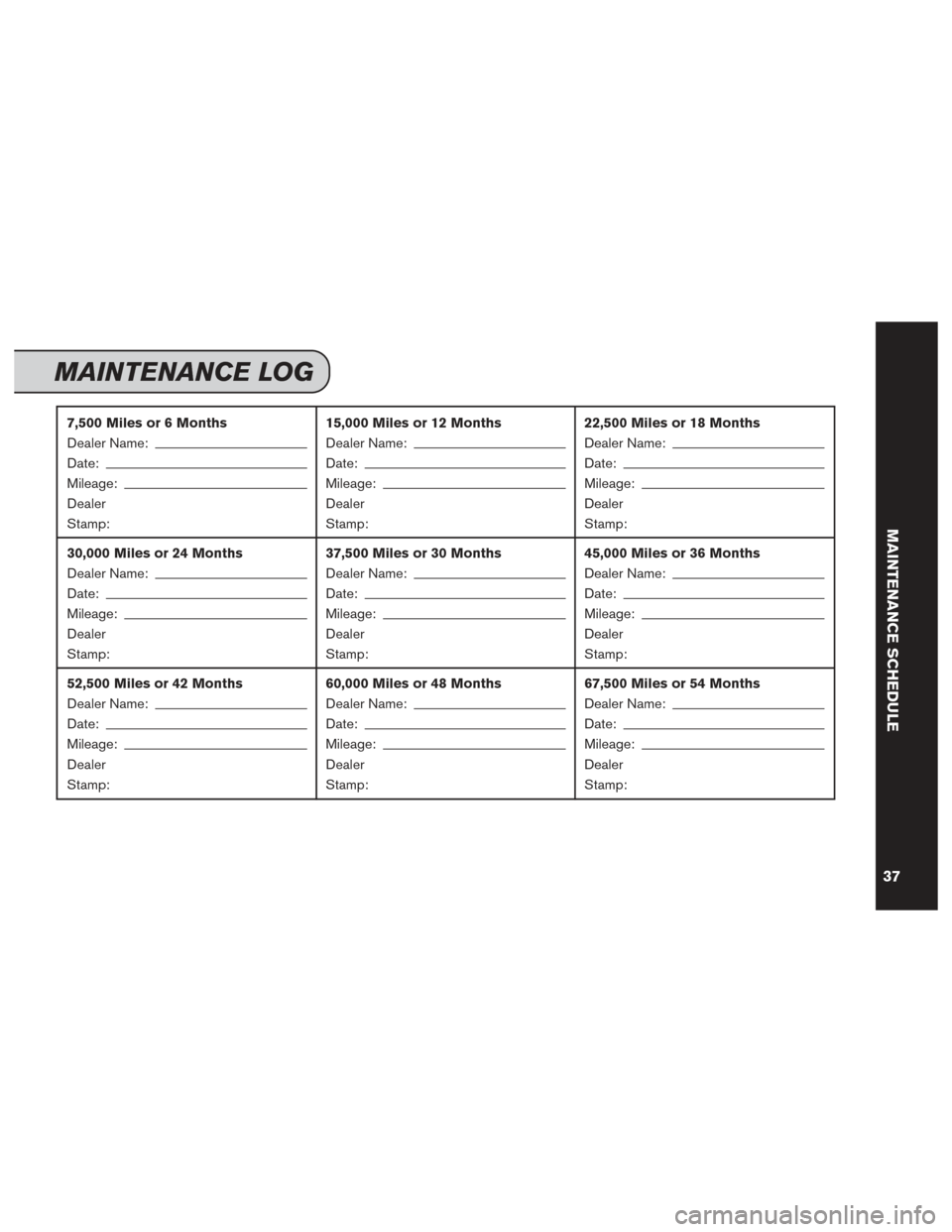 NISSAN LEAF 2015 1.G Service And Maintenance Guide 7,500 Miles or 6 Months
Dealer Name:
Date:
Mileage:
Dealer
Stamp:15,000 Miles or 12 Months
Dealer Name:
Date:
Mileage:
Dealer
Stamp:22,500 Miles or 18 Months
Dealer Name:
Date:
Mileage:
Dealer
Stamp:
