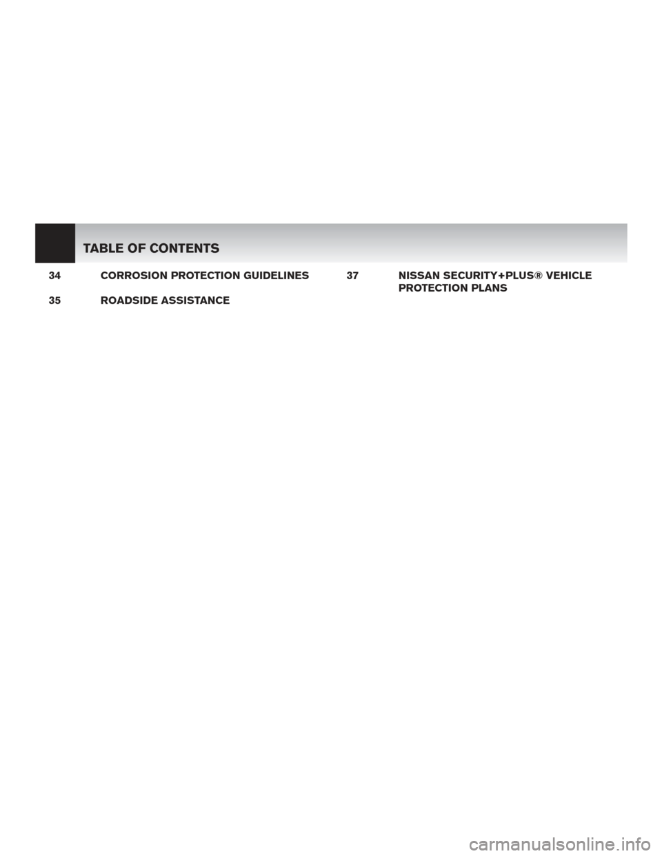NISSAN LEAF 2015 1.G Warranty Booklet 34 CORROSION PROTECTION GUIDELINES
35 ROADSIDE ASSISTANCE37 NISSAN SECURITY+PLUS® VEHICLE
PROTECTION PLANS
TABLE OF CONTENTS 