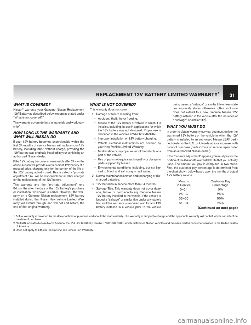 NISSAN LEAF 2015 1.G Warranty Booklet WHAT IS COVERED?
Nissan2warrants your Genuine Nissan Replacement
12V Battery as described below except as stated under
“What is not covered?”
This warranty covers defects in materials and workman- NISSAN LEAF 2015 1.G Warranty Booklet WHAT IS COVERED?
Nissan2warrants your Genuine Nissan Replacement
12V Battery as described below except as stated under
“What is not covered?”
This warranty covers defects in materials and workman-