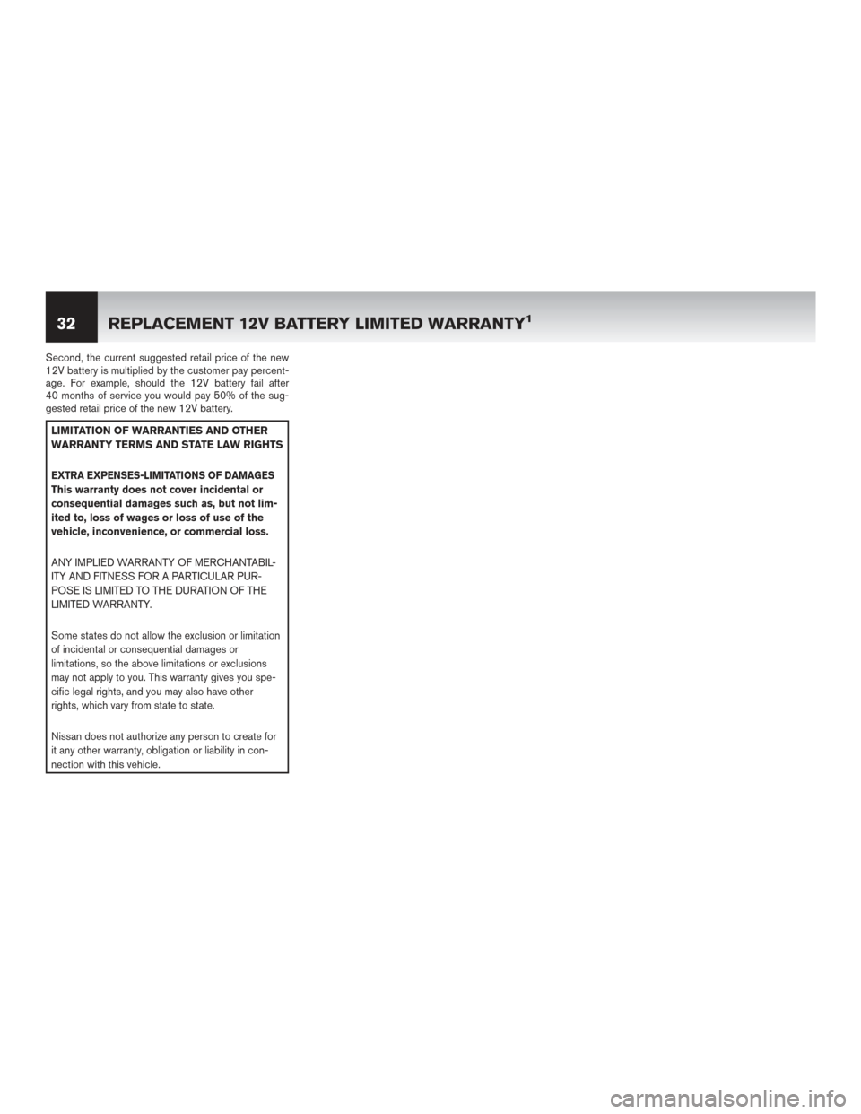 NISSAN LEAF 2015 1.G Warranty Booklet Second, the current suggested retail price of the new
12V battery is multiplied by the customer pay percent-
age. For example, should the 12V battery fail after
40 months of service you would pay 50% NISSAN LEAF 2015 1.G Warranty Booklet Second, the current suggested retail price of the new
12V battery is multiplied by the customer pay percent-
age. For example, should the 12V battery fail after
40 months of service you would pay 50%