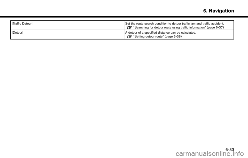 NISSAN MURANO 2015 3.G LC2 Kai Navigation Manual [Traffic Detour]Set the route search condition to detour traffic jam and traffic accident.“Searching for detour route using traffic information” (page 6-37)
[Detour] A detour of a specified distan