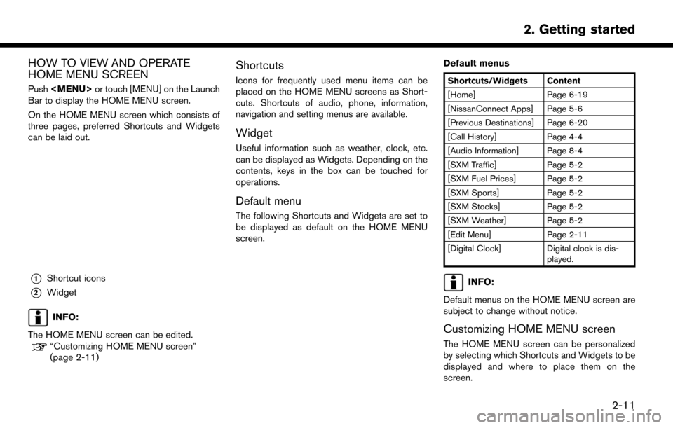 NISSAN MURANO 2015 3.G LC2 Kai Navigation Manual HOW TO VIEW AND OPERATE
HOME MENU SCREEN
Push<MENU> or touch [MENU] on the Launch
Bar to display the HOME MENU screen.
On the HOME MENU screen which consists of
three pages, preferred Shortcuts and Wi