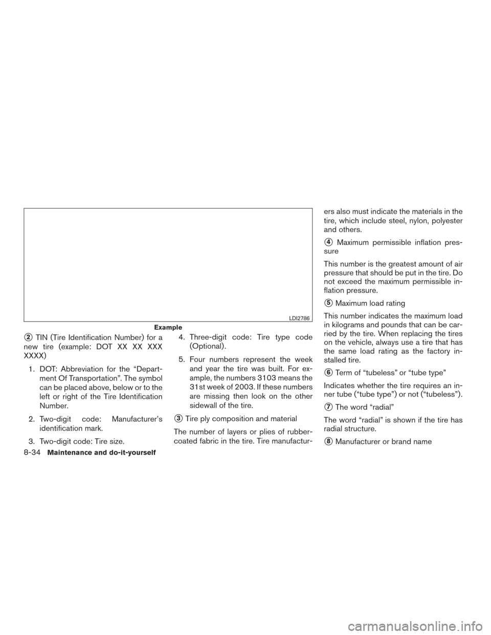 NISSAN MURANO 2015 3.G Owners Manual 2TIN (Tire Identification Number) for a
new tire (example: DOT XX XX XXX
XXXX)
1. DOT: Abbreviation for the “Depart- ment Of Transportation”. The symbol
can be placed above, below or to the
left NISSAN MURANO 2015 3.G Owners Manual 2TIN (Tire Identification Number) for a
new tire (example: DOT XX XX XXX
XXXX)
1. DOT: Abbreviation for the “Depart- ment Of Transportation”. The symbol
can be placed above, below or to the
left