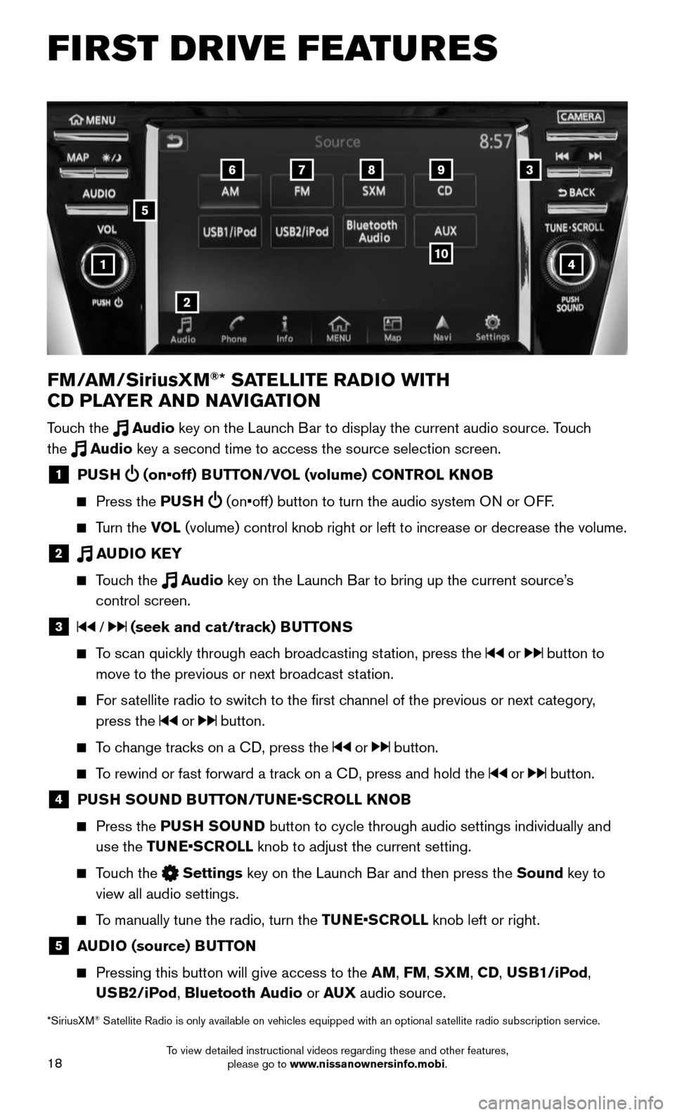 NISSAN MURANO 2015 3.G Quick Reference Guide 18
FIRST DRIVE FEATURES
4
6789
10
2
3
1
FM/AM/SiriusXM®* SATELLITE RADIO WITH
CD PLAYER AND NAVIGATION
Touch the Audio key on the Launch Bar to display the current audio source. Touch
the Audio NISSAN MURANO 2015 3.G Quick Reference Guide 18
FIRST DRIVE FEATURES
4
6789
10
2
3
1
FM/AM/SiriusXM®* SATELLITE RADIO WITH
CD PLAYER AND NAVIGATION
Touch the Audio key on the Launch Bar to display the current audio source. Touch
the Audio