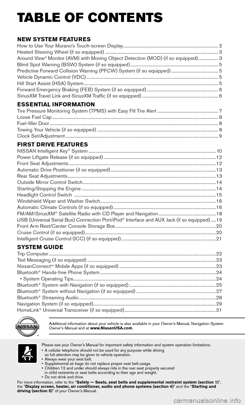 NISSAN MURANO 2015 3.G Quick Reference Guide Please see your Owner’s Manual for important safety information and system operation limitations.•   A cellular telephone should not be used for any purpose while driving so full attention may be 