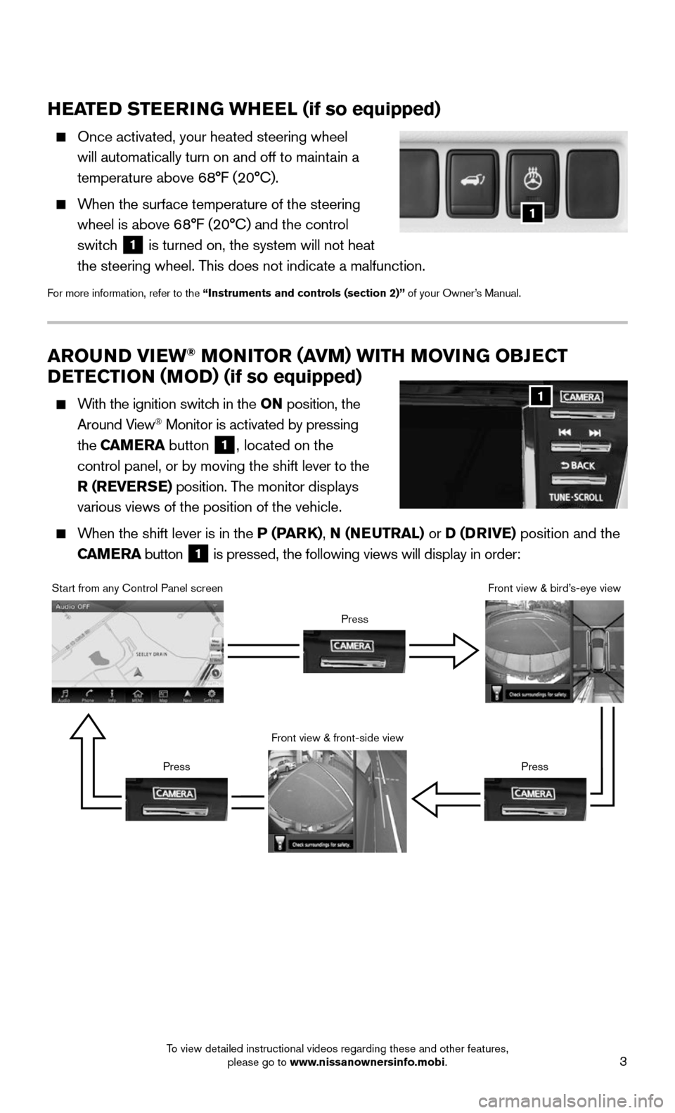 NISSAN MURANO 2015 3.G Quick Reference Guide 3
AROUND VIEW® MONITOR (AVM) WITH MOVING OBJECT
DETECTION (MOD) (if so equipped)
With the ignition switch in the ON position, the
Around View® Monitor is activated by pressing
the CAMERA butt NISSAN MURANO 2015 3.G Quick Reference Guide 3
AROUND VIEW® MONITOR (AVM) WITH MOVING OBJECT
DETECTION (MOD) (if so equipped)
With the ignition switch in the ON position, the
Around View® Monitor is activated by pressing
the CAMERA butt
