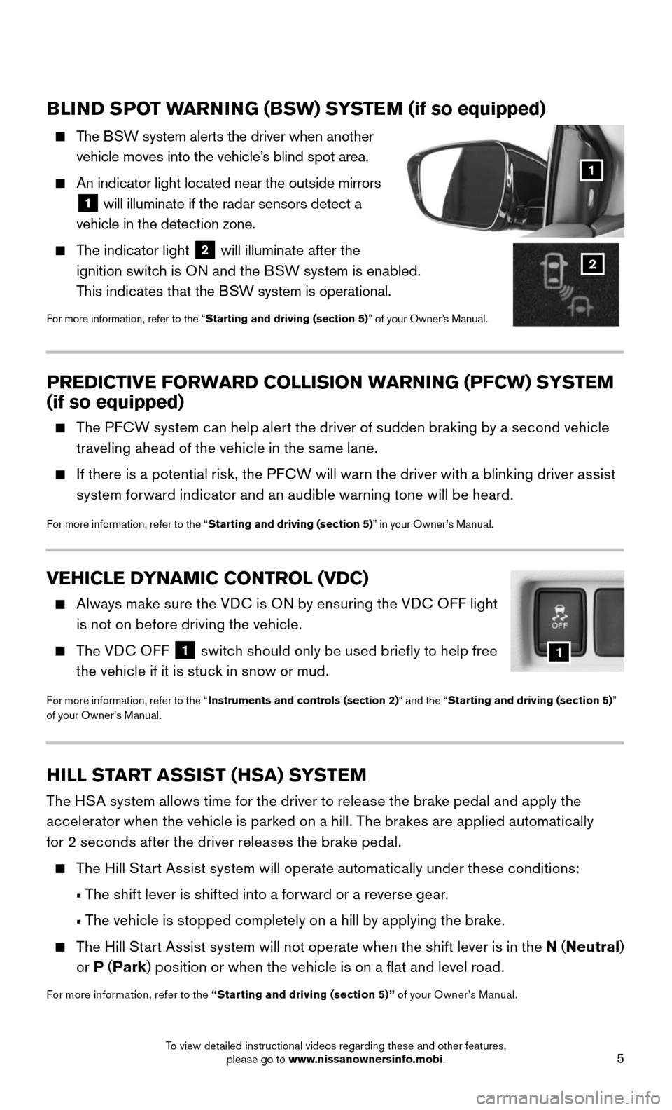 NISSAN MURANO 2015 3.G Quick Reference Guide 5
BLIND SPOT WARNING (BSW) SYSTEM (if so equipped)
The BSW system alerts the driver when another
vehicle moves into the vehicle’s blind spot area.
An indicator light located near the outsid NISSAN MURANO 2015 3.G Quick Reference Guide 5
BLIND SPOT WARNING (BSW) SYSTEM (if so equipped)
The BSW system alerts the driver when another
vehicle moves into the vehicle’s blind spot area.
An indicator light located near the outsid