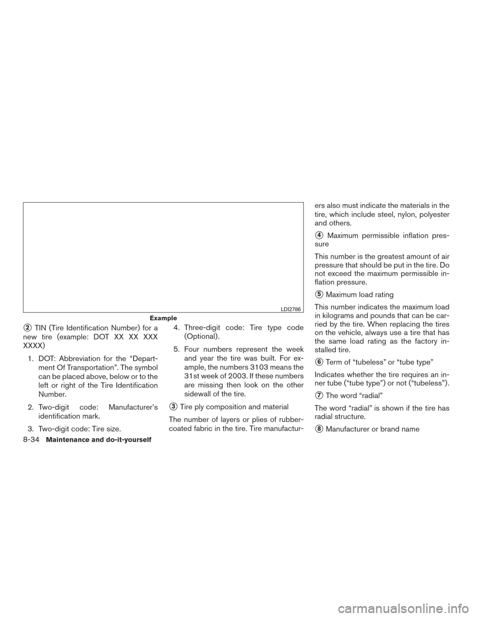 NISSAN PATHFINDER 2015 R52 / 4.G Owners Manual 2TIN (Tire Identification Number) for a
new tire (example: DOT XX XX XXX
XXXX)
1. DOT: Abbreviation for the “Depart- ment Of Transportation”. The symbol
can be placed above, below or to the
left NISSAN PATHFINDER 2015 R52 / 4.G Owners Manual 2TIN (Tire Identification Number) for a
new tire (example: DOT XX XX XXX
XXXX)
1. DOT: Abbreviation for the “Depart- ment Of Transportation”. The symbol
can be placed above, below or to the
left