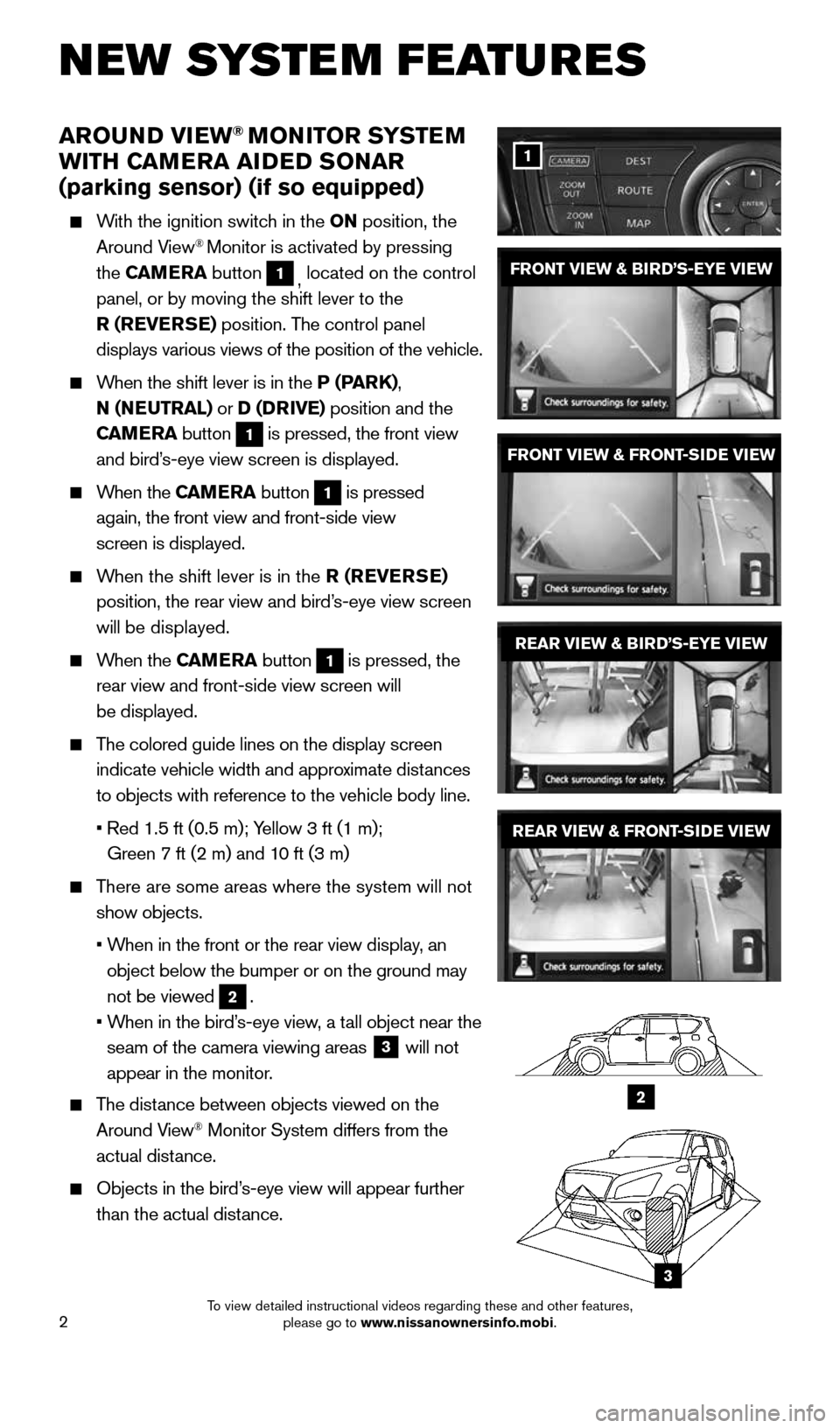 NISSAN PATHFINDER 2015 R52 / 4.G Quick Reference Guide 2
NEW SYSTEM FEATURES
AROUND VIEW® MONITOR SYSTEM  
WITH CAMERA AIDED SONAR  
(parking sensor) (if so equipped)
     With the ignition switch in the ON position, the 
Around View® Monitor is activat