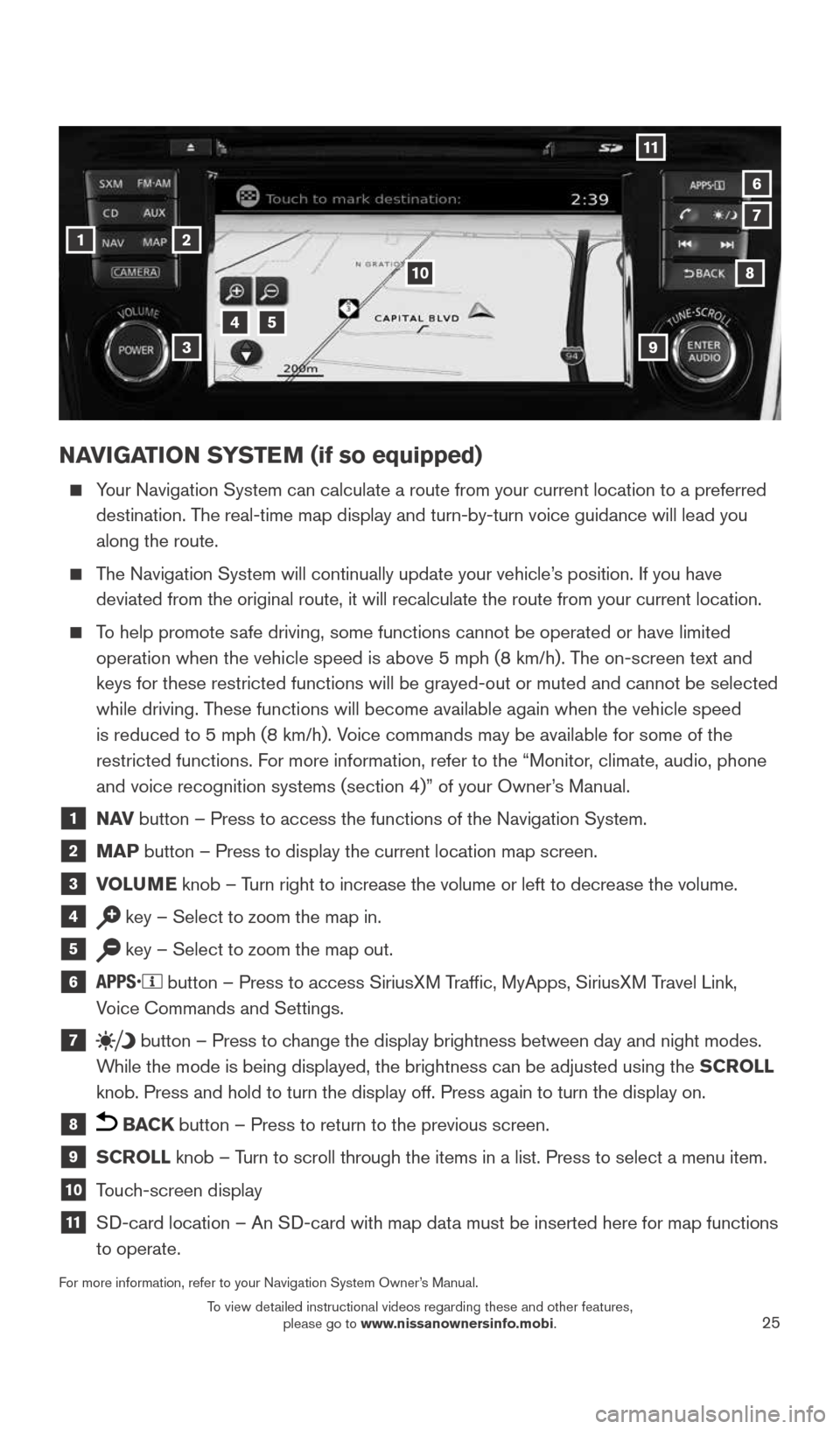 NISSAN ROGUE 2015 2.G Quick Reference Guide 25
NAVIGATION SYSTEM (if so equipped)
Your Navigation System can calculate a route from your current location t\
o a preferred
destination. The real-time map display and turn-by-turn voice guidan NISSAN ROGUE 2015 2.G Quick Reference Guide 25
NAVIGATION SYSTEM (if so equipped)
Your Navigation System can calculate a route from your current location t\
o a preferred
destination. The real-time map display and turn-by-turn voice guidan