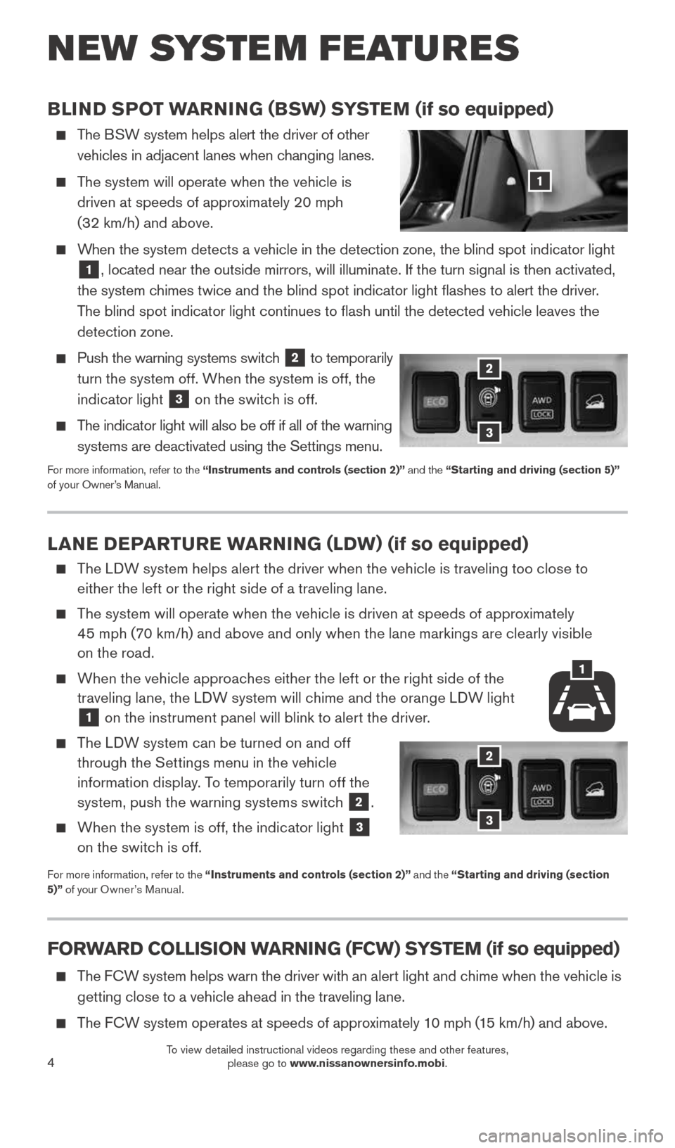 NISSAN ROGUE 2015 2.G Quick Reference Guide 4
LANE DEPARTURE WARNING (LDW) (if so equipped)
The LDW system helps alert the driver when the vehicle is traveling too close to
either the left or the right side of a traveling lane.
The s NISSAN ROGUE 2015 2.G Quick Reference Guide 4
LANE DEPARTURE WARNING (LDW) (if so equipped)
The LDW system helps alert the driver when the vehicle is traveling too close to
either the left or the right side of a traveling lane.
The s