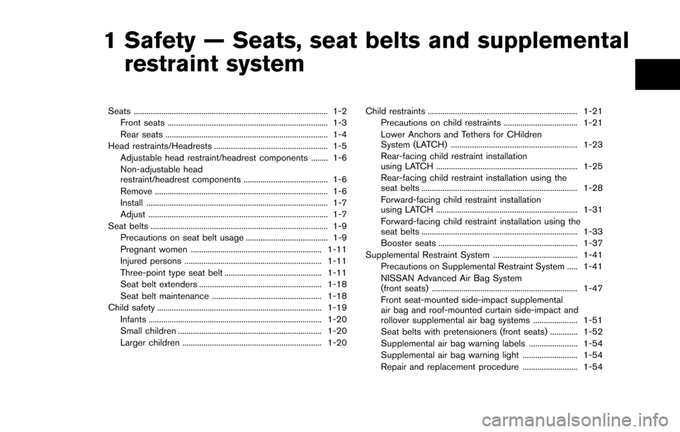 NISSAN ROGUE SELECT 2015 2.G Owners Manual 1 Safety — Seats, seat belts and supplementalrestraint system
Seats ........................................................................\
.................... 1-2
Front seats ...................