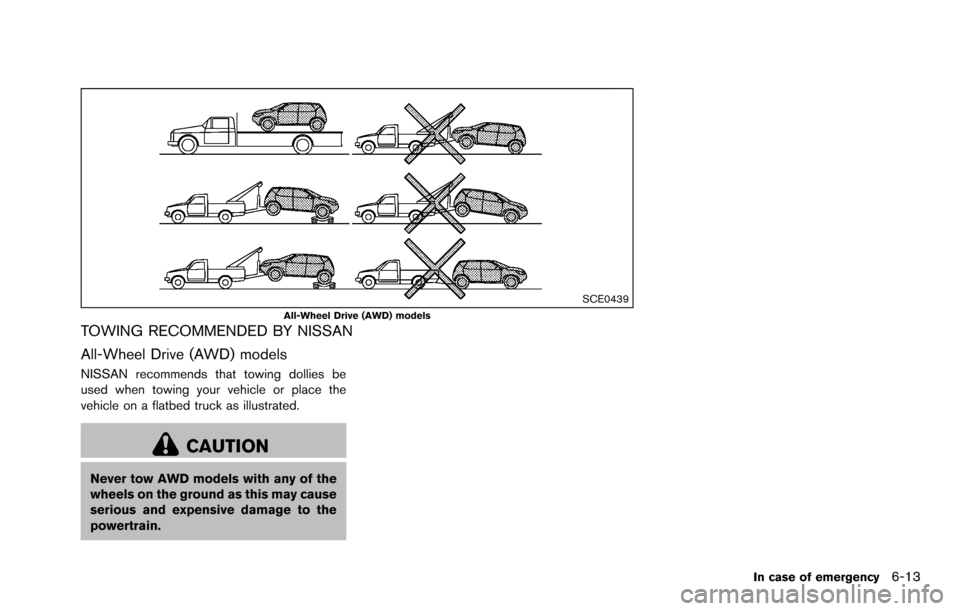 NISSAN ROGUE SELECT 2015 2.G Owners Manual SCE0439All-Wheel Drive (AWD) models
TOWING RECOMMENDED BY NISSAN
All-Wheel Drive (AWD) models
NISSAN recommends that towing dollies be
used when towing your vehicle or place the
vehicle on a flatbed t