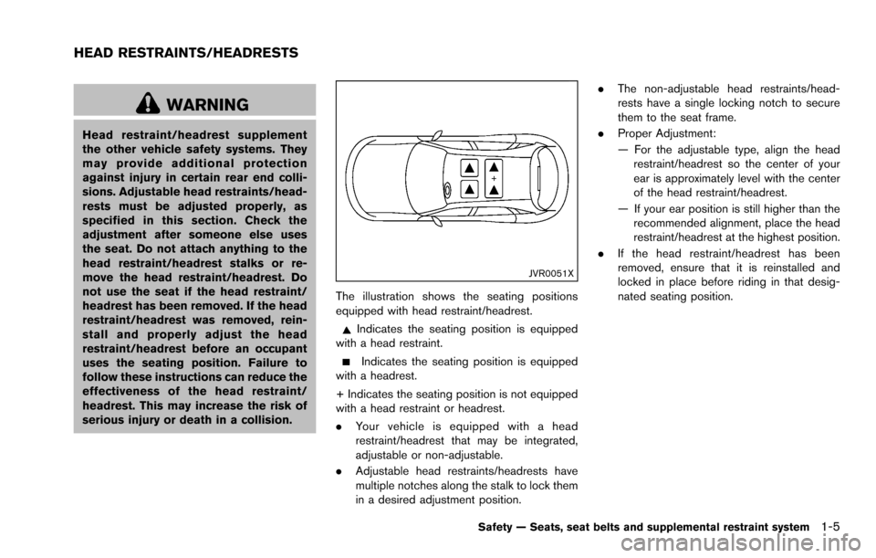 NISSAN ROGUE SELECT 2015 2.G Owners Manual WARNING
Head restraint/headrest supplement
the other vehicle safety systems. They
may provide additional protection
against injury in certain rear end colli-
sions. Adjustable head restraints/head-
re