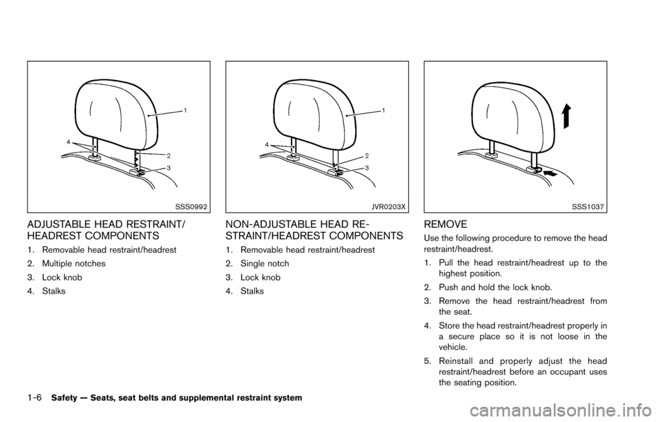NISSAN ROGUE SELECT 2015 2.G Owners Manual 1-6Safety — Seats, seat belts and supplemental restraint system
SSS0992
ADJUSTABLE HEAD RESTRAINT/
HEADREST COMPONENTS
1. Removable head restraint/headrest
2. Multiple notches
3. Lock knob
4. Stalks
