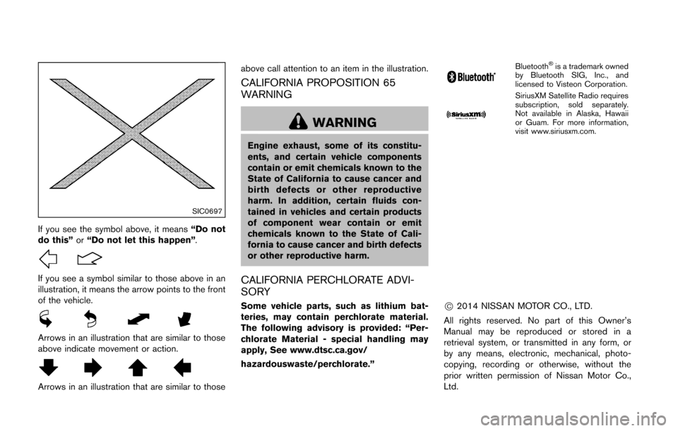 NISSAN ROGUE SELECT 2015 2.G Owners Manual SIC0697
If you see the symbol above, it means“Do not
do this” or“Do not let this happen” .
If you see a symbol similar to those above in an
illustration, it means the arrow points to the front