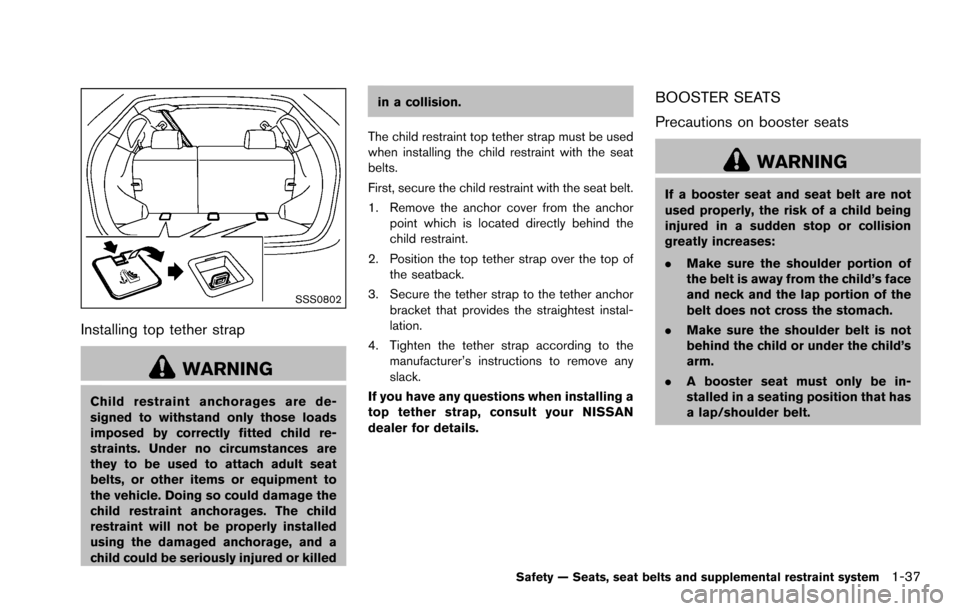 NISSAN ROGUE SELECT 2015 2.G Owners Manual SSS0802
Installing top tether strap
WARNING
Child restraint anchorages are de-
signed to withstand only those loads
imposed by correctly fitted child re-
straints. Under no circumstances are
they to b