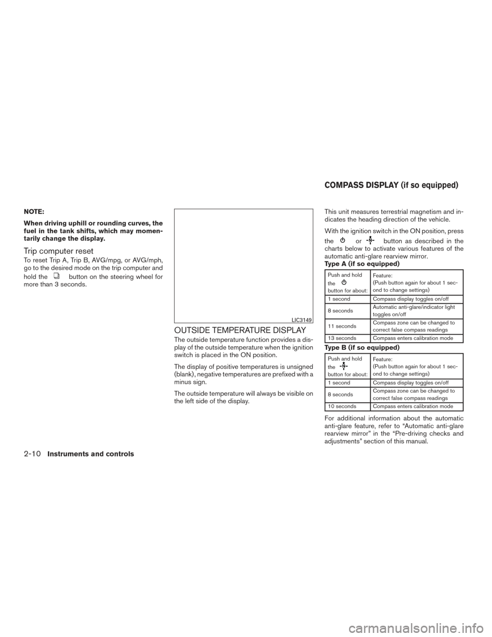 NISSAN SENTRA 2015 B17 / 7.G Owners Manual NOTE:
When driving uphill or rounding curves, the
fuel in the tank shifts, which may momen-
tarily change the display.
Trip computer reset
To reset Trip A, Trip B, AVG/mpg, or AVG/mph,
go to the desir NISSAN SENTRA 2015 B17 / 7.G Owners Manual NOTE:
When driving uphill or rounding curves, the
fuel in the tank shifts, which may momen-
tarily change the display.
Trip computer reset
To reset Trip A, Trip B, AVG/mpg, or AVG/mph,
go to the desir