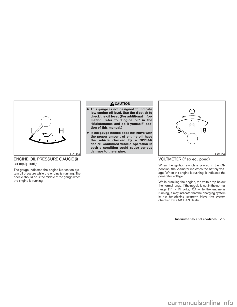 NISSAN TITAN 2015 1.G Owners Manual ENGINE OIL PRESSURE GAUGE (if
so equipped)
The gauge indicates the engine lubrication sys-
tem oil pressure while the engine is running. The
needle should be in the middle of the gauge when
the engine NISSAN TITAN 2015 1.G Owners Manual ENGINE OIL PRESSURE GAUGE (if
so equipped)
The gauge indicates the engine lubrication sys-
tem oil pressure while the engine is running. The
needle should be in the middle of the gauge when
the engine