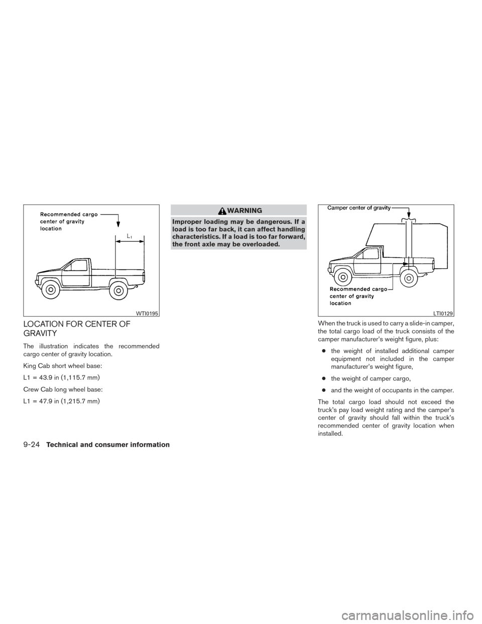 NISSAN TITAN 2015 1.G Owners Manual LOCATION FOR CENTER OF
GRAVITY
The illustration indicates the recommended
cargo center of gravity location.
King Cab short wheel base:
L1 = 43.9 in (1,115.7 mm)
Crew Cab long wheel base:
L1 = 47.9 in 