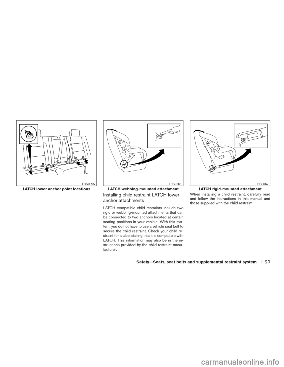 NISSAN TITAN 2015 1.G Owners Manual Installing child restraint LATCH lower
anchor attachments
LATCH compatible child restraints include two
rigid or webbing-mounted attachments that can
be connected to two anchors located at certain
sea