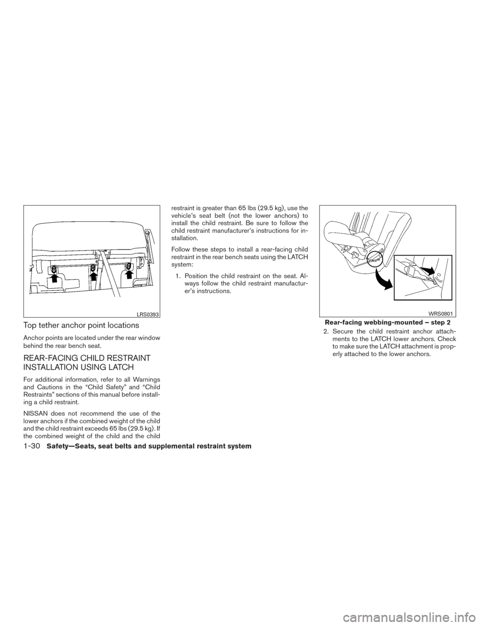 NISSAN TITAN 2015 1.G Owners Manual Top tether anchor point locations
Anchor points are located under the rear window
behind the rear bench seat.
REAR-FACING CHILD RESTRAINT
INSTALLATION USING LATCH
For additional information, refer to NISSAN TITAN 2015 1.G Owners Manual Top tether anchor point locations
Anchor points are located under the rear window
behind the rear bench seat.
REAR-FACING CHILD RESTRAINT
INSTALLATION USING LATCH
For additional information, refer to