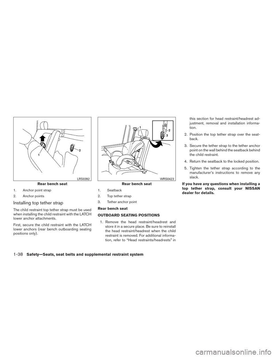 NISSAN TITAN 2015 1.G Owners Manual 1. Anchor point strap
2. Anchor points
Installing top tether strap
The child restraint top tether strap must be used
when installing the child restraint with the LATCH
lower anchor attachments.
First, NISSAN TITAN 2015 1.G Owners Manual 1. Anchor point strap
2. Anchor points
Installing top tether strap
The child restraint top tether strap must be used
when installing the child restraint with the LATCH
lower anchor attachments.
First,