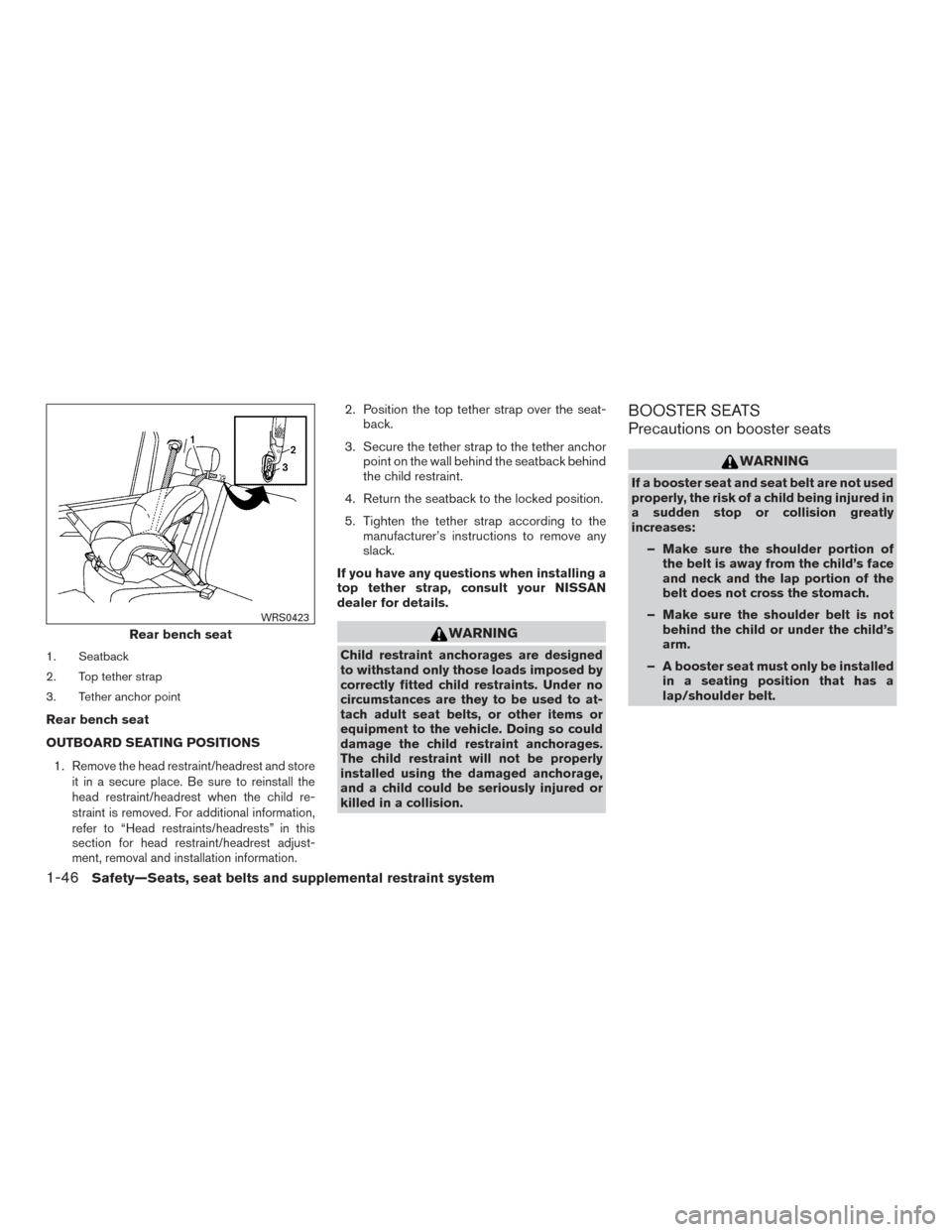 NISSAN TITAN 2015 1.G Owners Manual 1. Seatback
2. Top tether strap
3. Tether anchor point
Rear bench seat
OUTBOARD SEATING POSITIONS1.
Remove the head restraint/headrest and store
it in a secure place. Be sure to reinstall the
head res NISSAN TITAN 2015 1.G Owners Manual 1. Seatback
2. Top tether strap
3. Tether anchor point
Rear bench seat
OUTBOARD SEATING POSITIONS1.
Remove the head restraint/headrest and store
it in a secure place. Be sure to reinstall the
head res