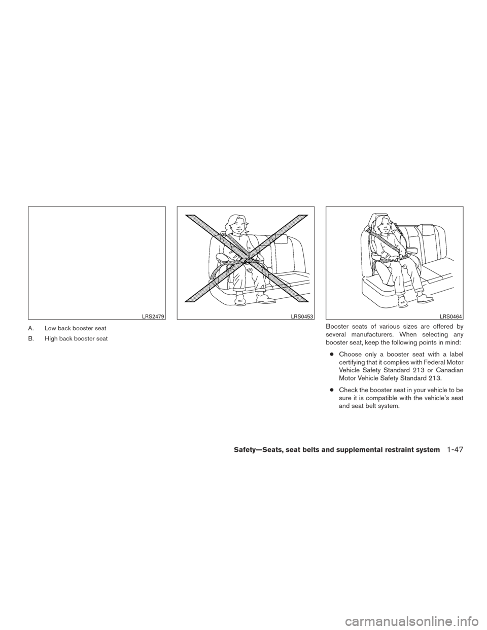 NISSAN TITAN 2015 1.G Owners Manual A. Low back booster seat
B. High back booster seatBooster seats of various sizes are offered by
several manufacturers. When selecting any
booster seat, keep the following points in mind:● Choose onl