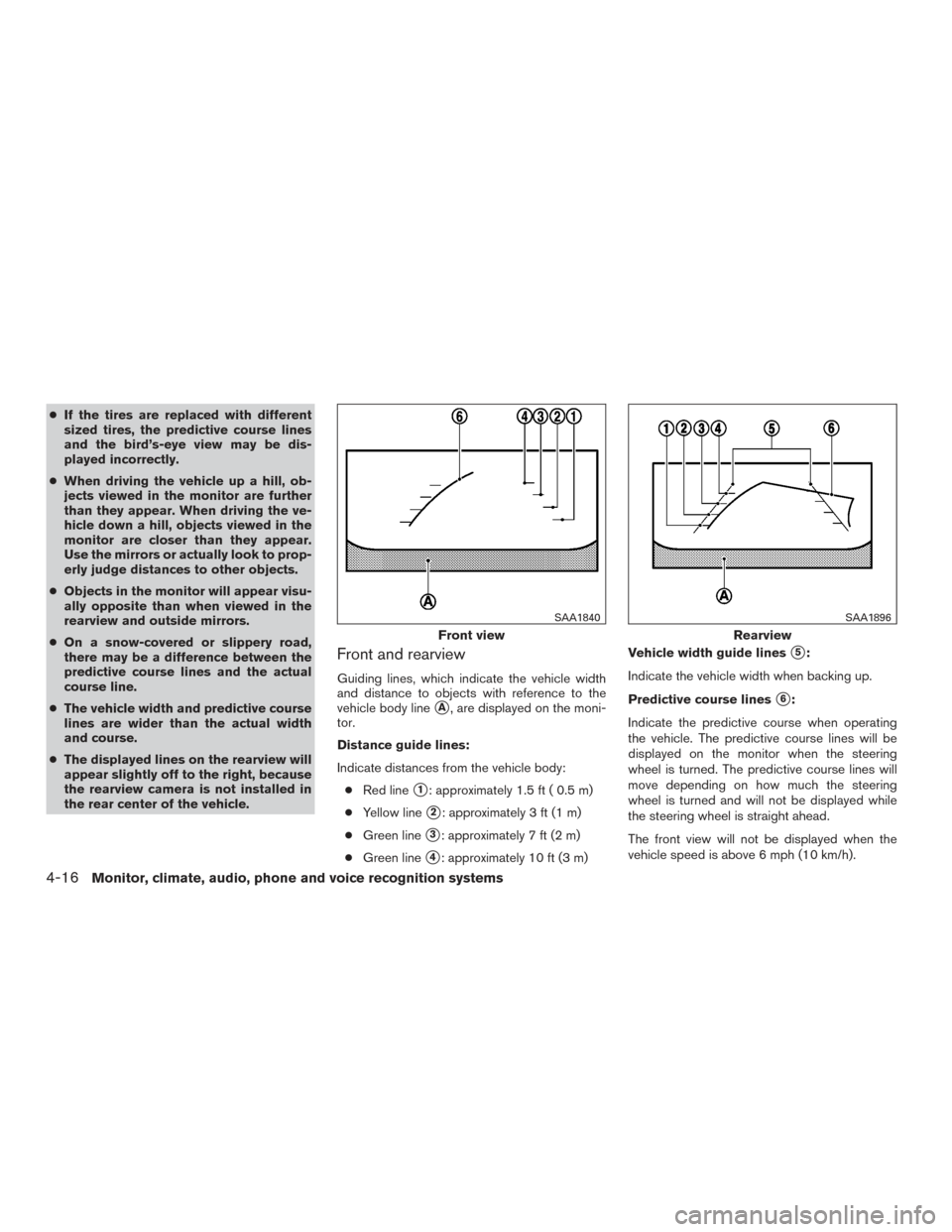 NISSAN VERSA NOTE 2015 2.G Owners Manual ●If the tires are replaced with different
sized tires, the predictive course lines
and the bird’s-eye view may be dis-
played incorrectly.
● When driving the vehicle up a hill, ob-
jects viewed NISSAN VERSA NOTE 2015 2.G Owners Manual ●If the tires are replaced with different
sized tires, the predictive course lines
and the bird’s-eye view may be dis-
played incorrectly.
● When driving the vehicle up a hill, ob-
jects viewed